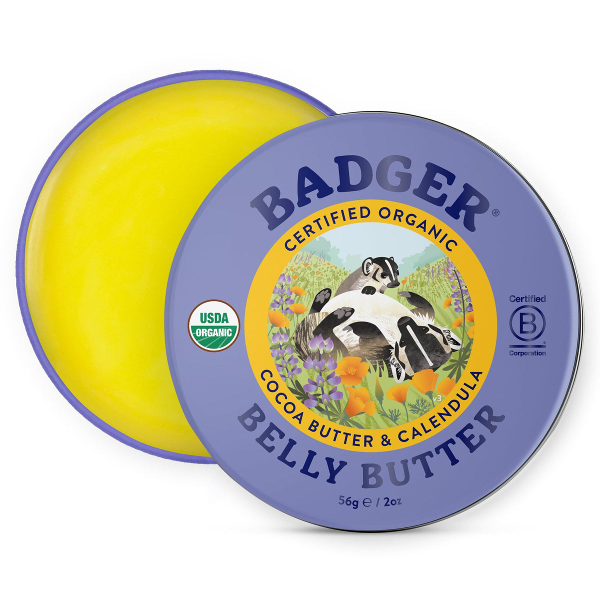 Badger tin front view showing label and organic belly balm benefits