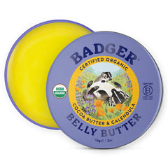Badger tin front view showing label and organic belly balm benefits