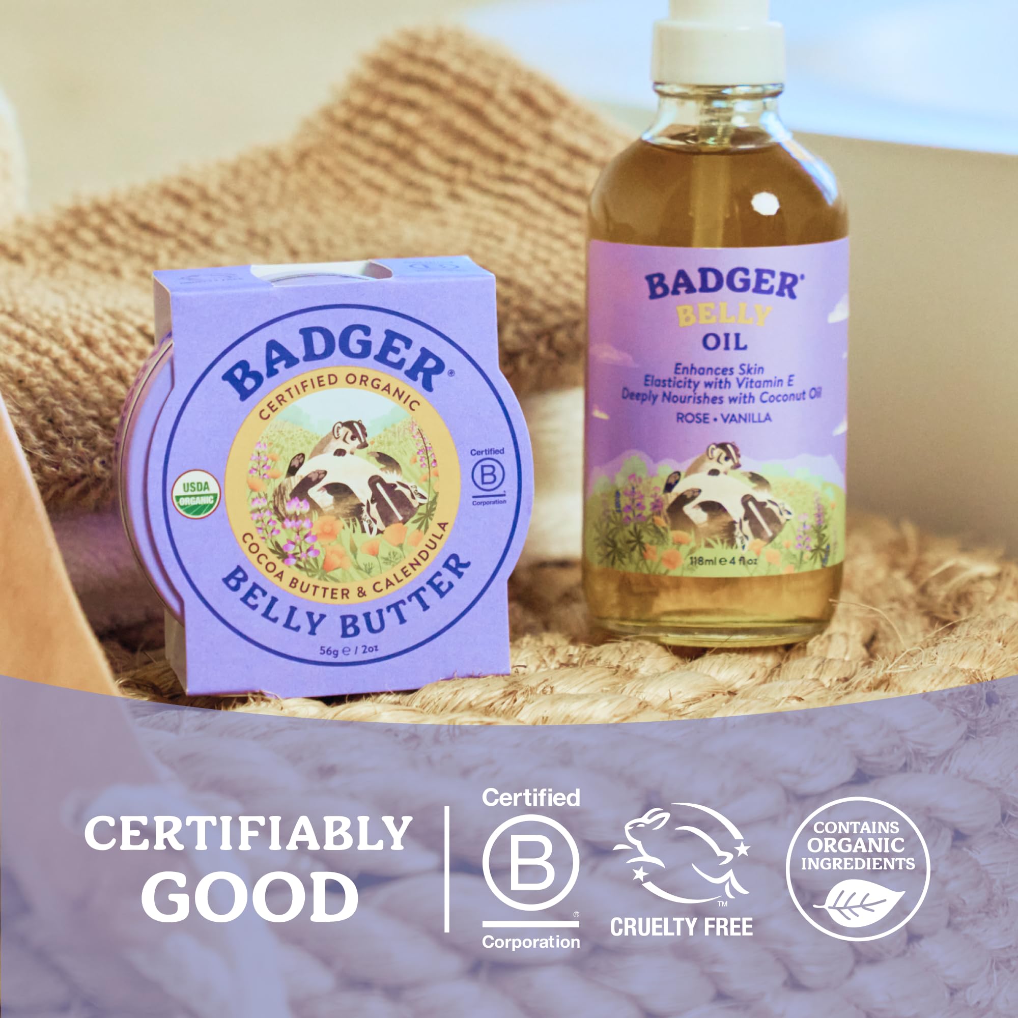 Badger Belly Butter on nursery shelf suggesting eco-friendly pregnancy care