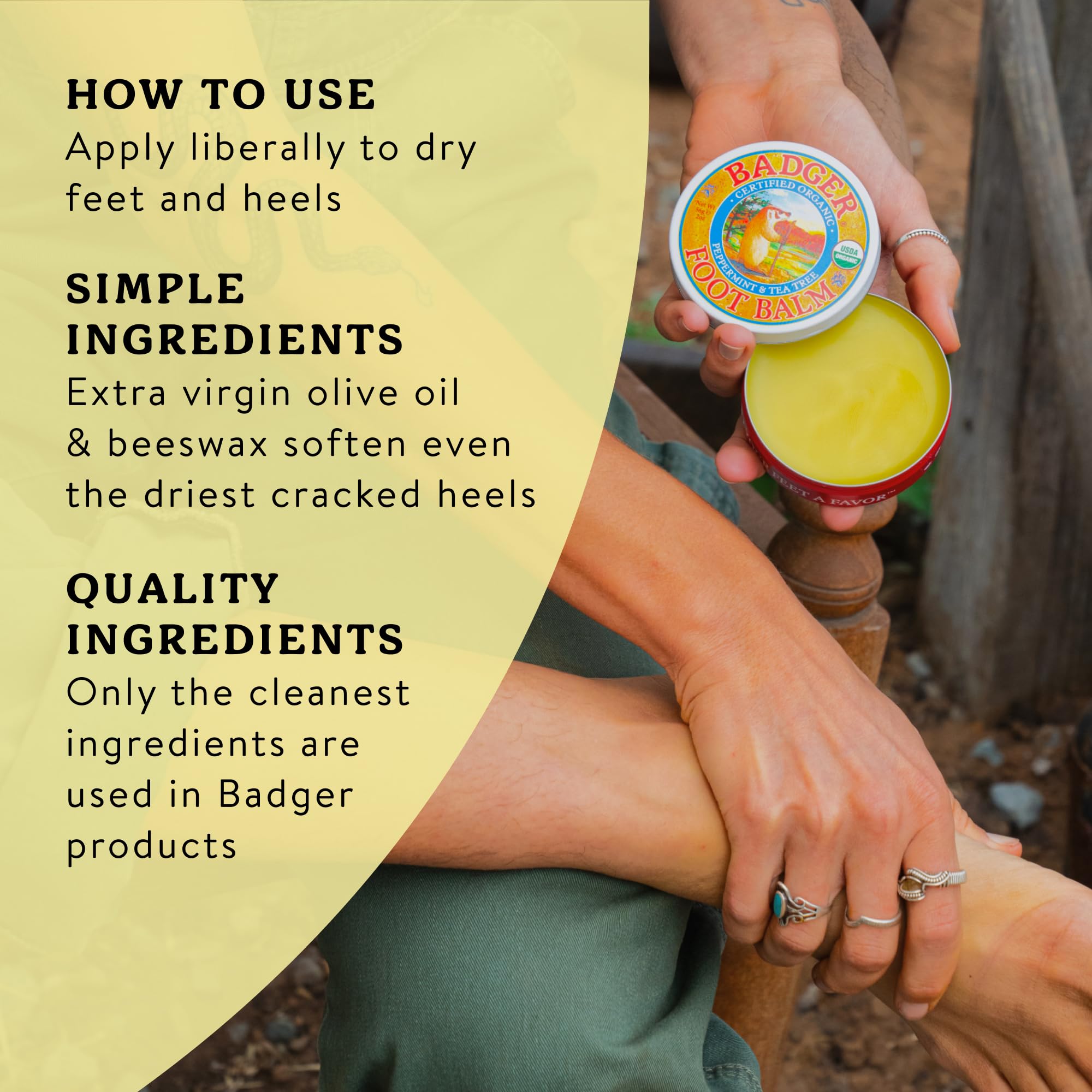 Badger foot balm being applied to heel showing targeted moisturizing benefit