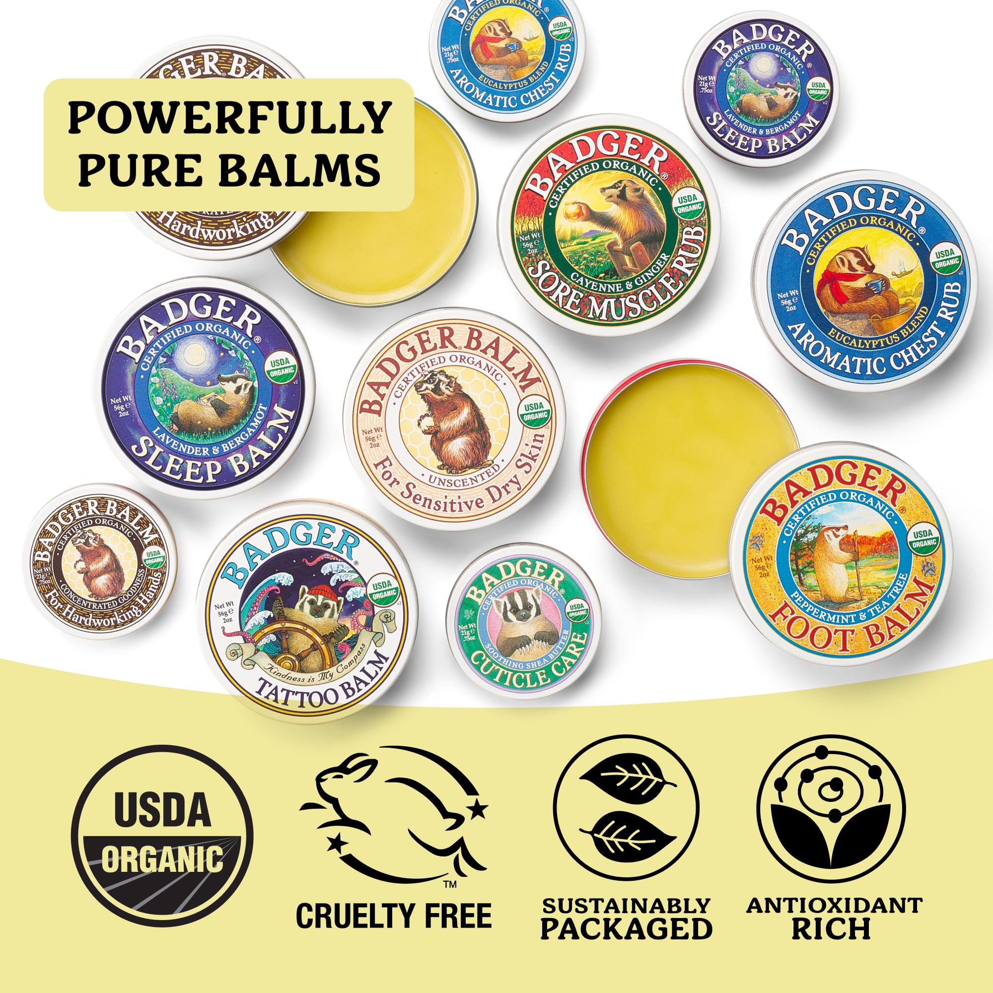 Badger foot balm held in hand showing tin scale for portability