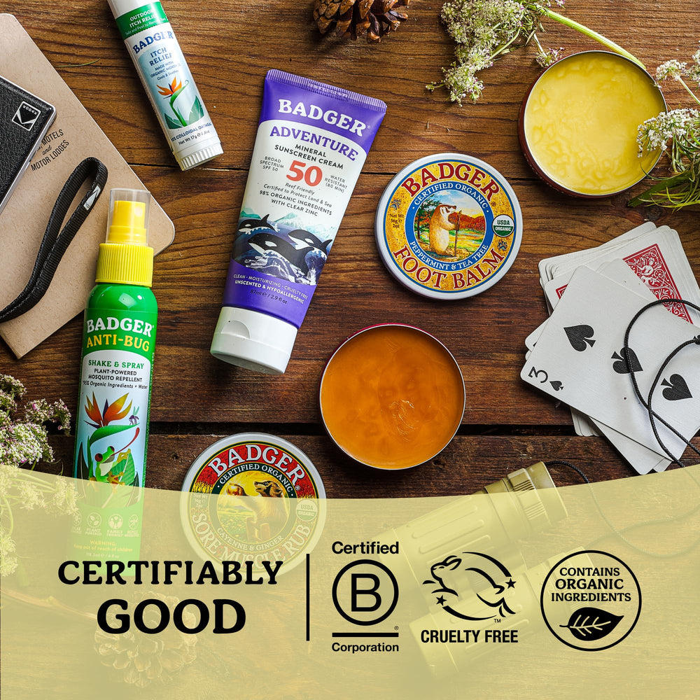 Badger foot balm on bathroom shelf showing eco-friendly, everyday use