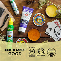Badger foot balm on bathroom shelf showing eco-friendly, everyday use