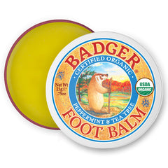 Badger foot balm tin front showing label and compact size benefit