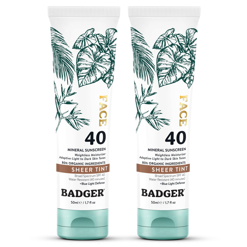 Badger front packaging of tinted SPF 40 showing warm finish benefits