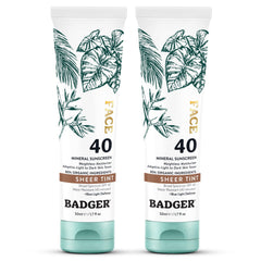 Badger front packaging of tinted SPF 40 showing warm finish benefits