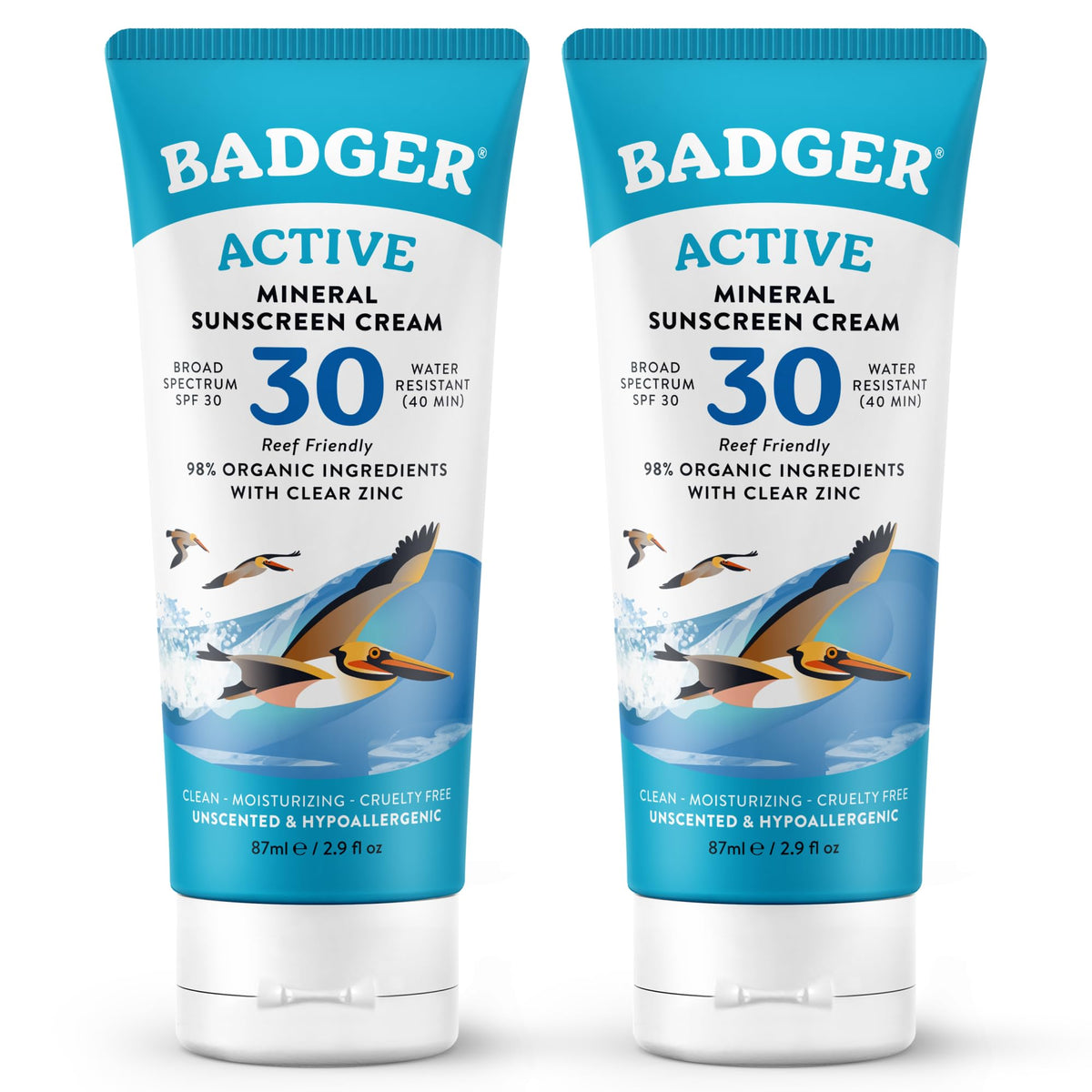 Badger front packaging showing SPF 30 and unscented benefit