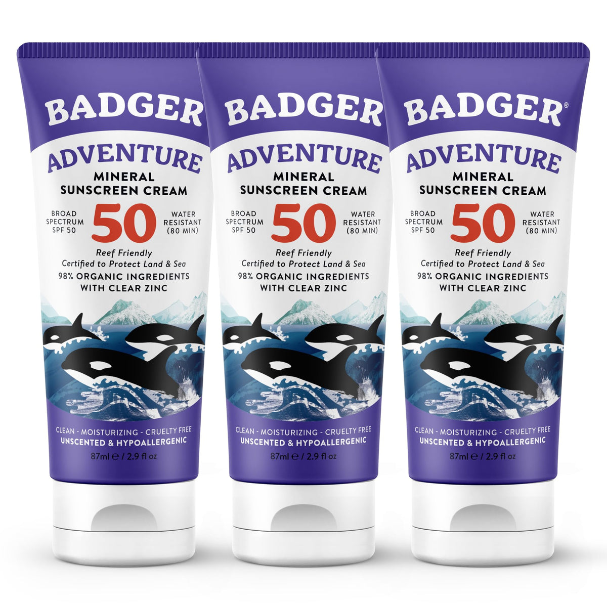 Badger front packaging showing SPF 50 unscented protection for outdoor use
