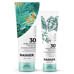 Badger front packaging showing two SPF 30 tubes and quick routine benefit