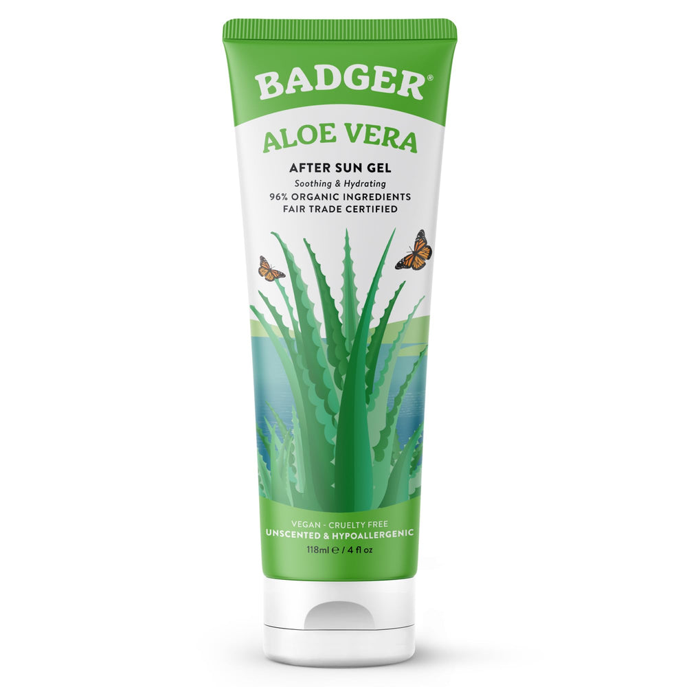 Badger front tube showing organic aloe branding and clear benefit