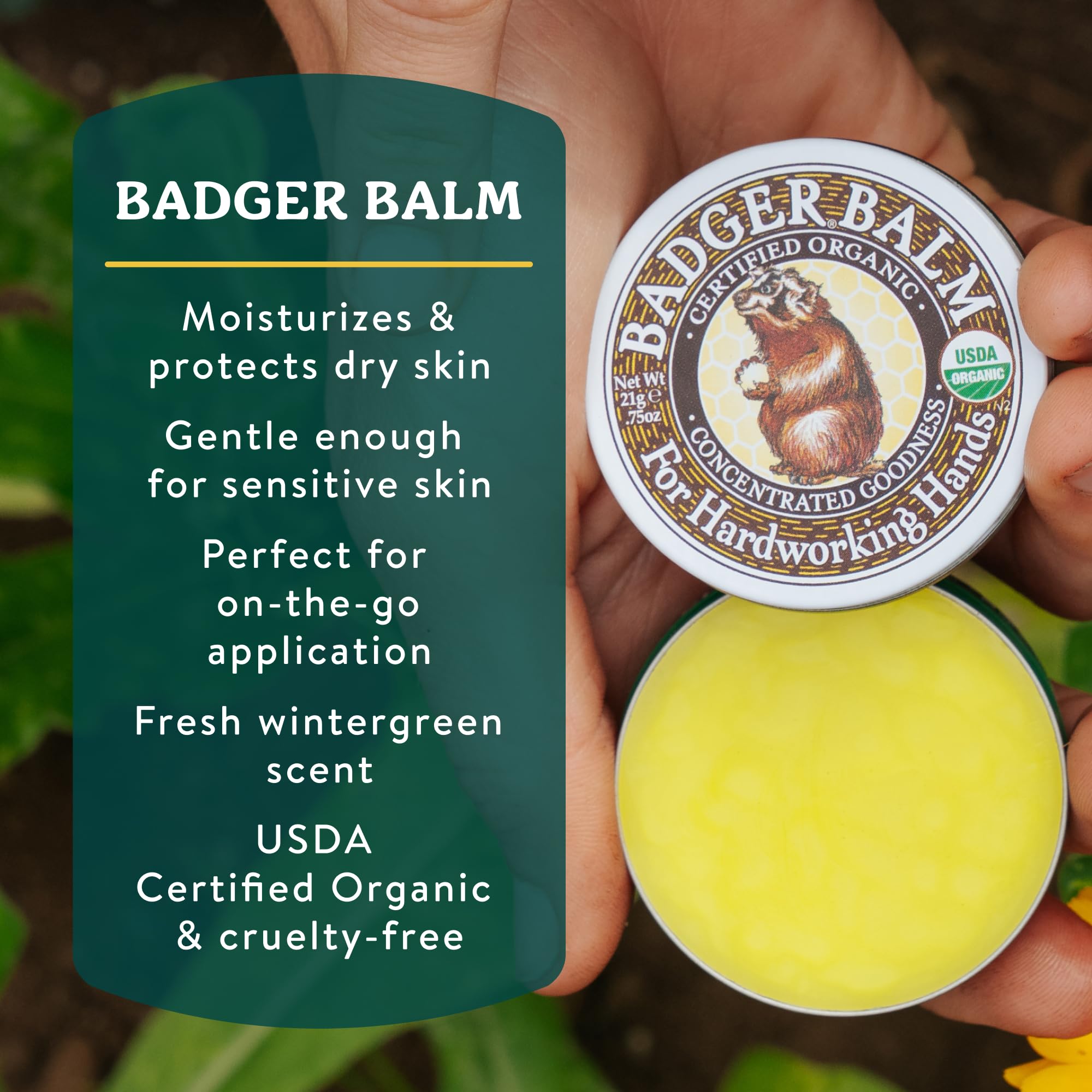 Badger open tin close-up showing smooth salve texture for deep moisture