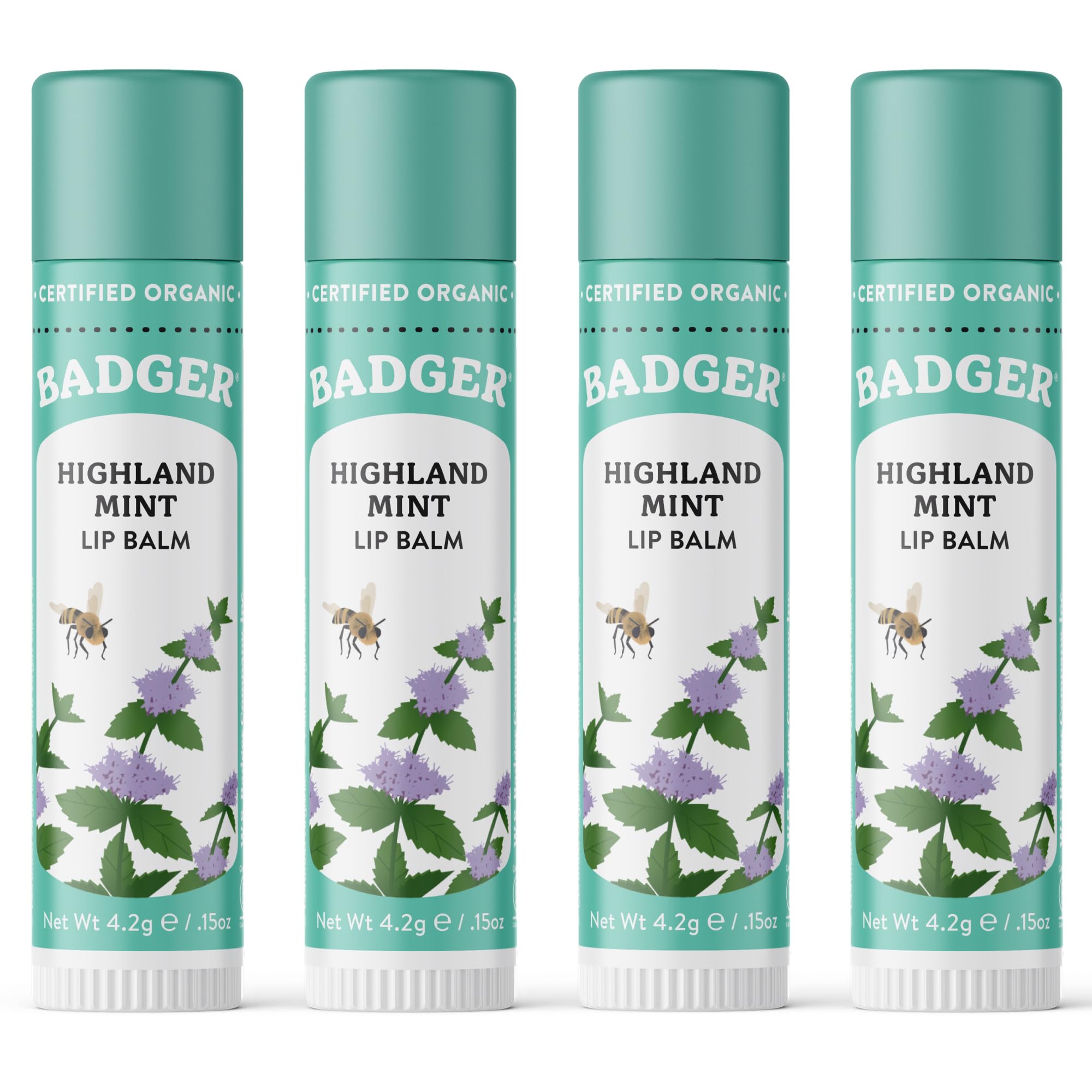 Badger front tube of Highland Mint lip balm showing compact packaging and portability