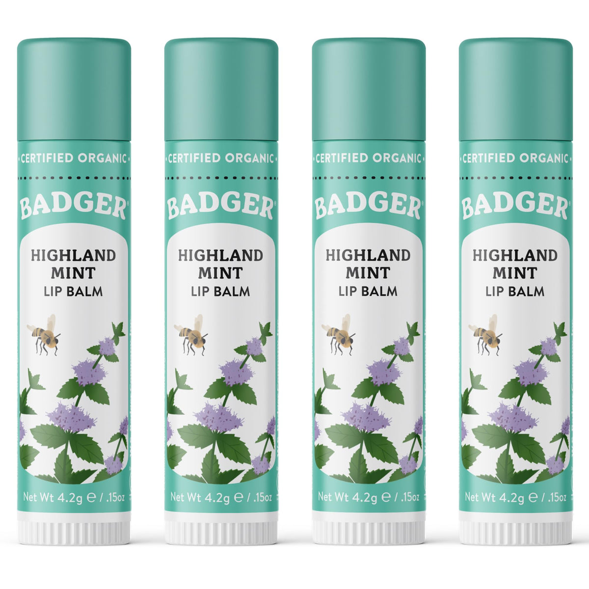Badger front tube of Highland Mint lip balm showing compact packaging and portability