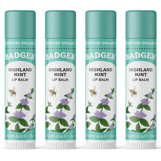 Badger front tube of Highland Mint lip balm showing compact packaging and portability