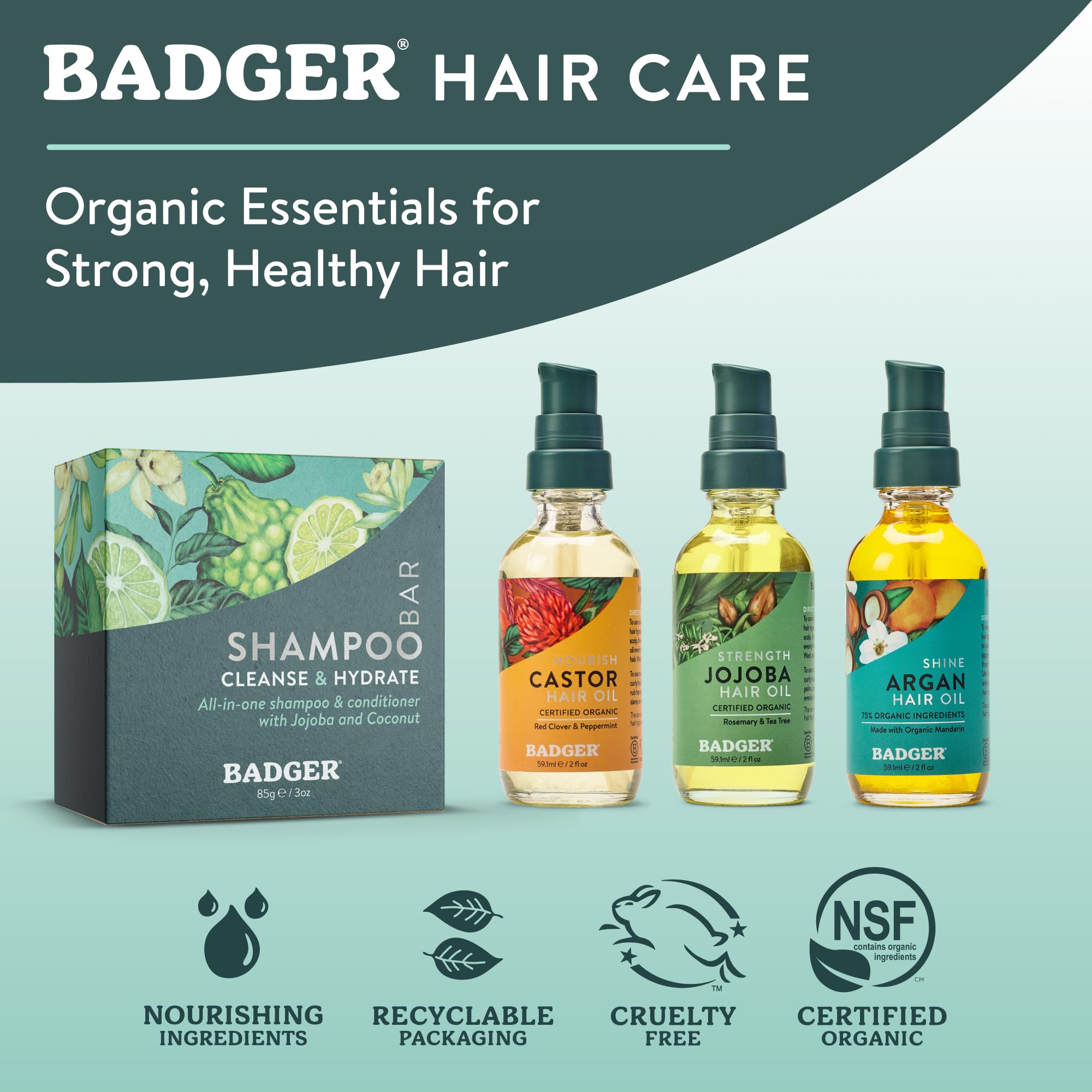 Badger ingredients display with organic oils for gentle cleansing