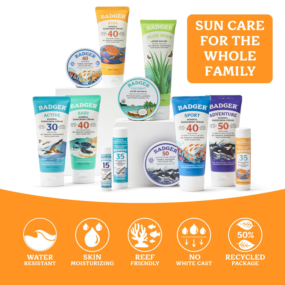 Kids wearing Badger sunscreen running on the beach showing active protection