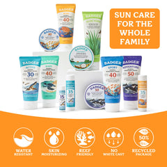 Kids wearing Badger sunscreen running on the beach showing active protection