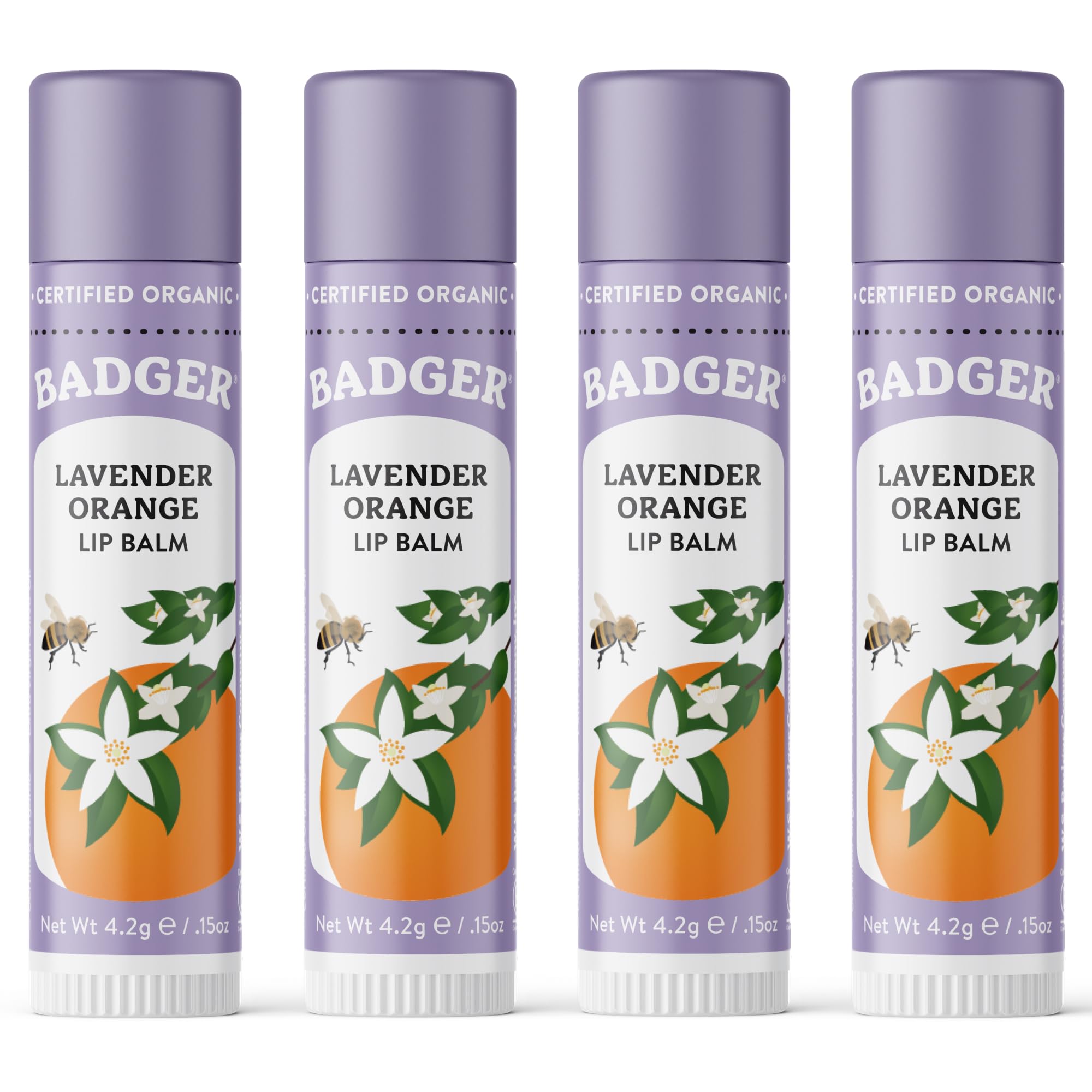 Badger front view of lavender orange tube showing label and applicator benefits