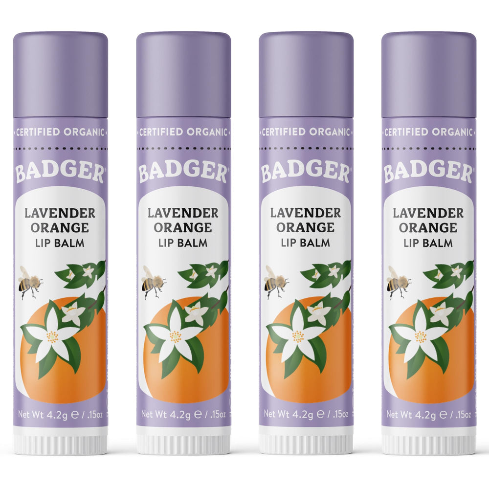 Badger front view of lavender orange tube showing label and applicator benefits