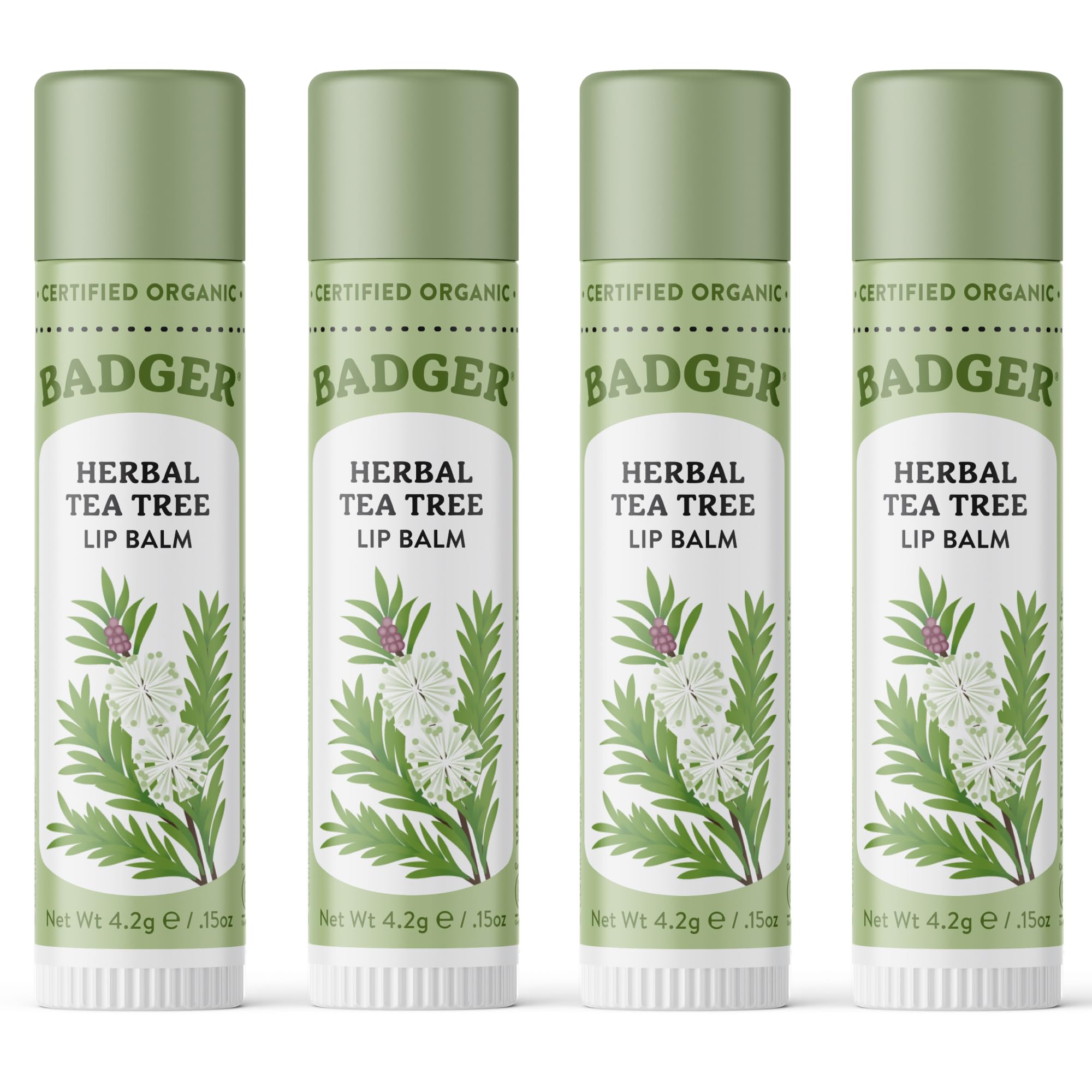 Badger front packaging showing organic tea tree lip balm benefits