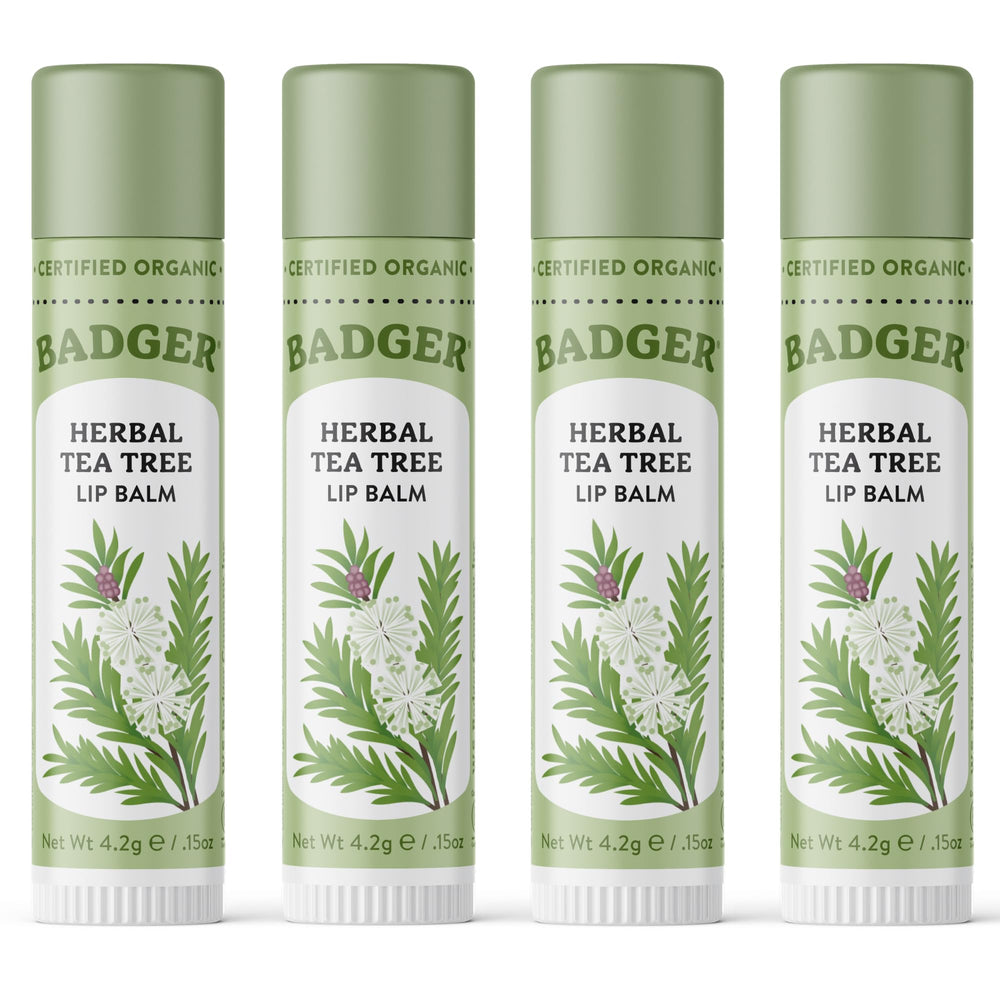 Badger front packaging showing organic tea tree lip balm benefits