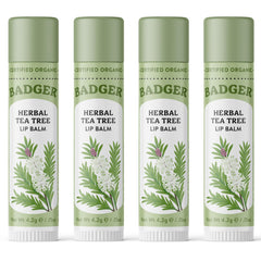 Badger front packaging showing organic tea tree lip balm benefits