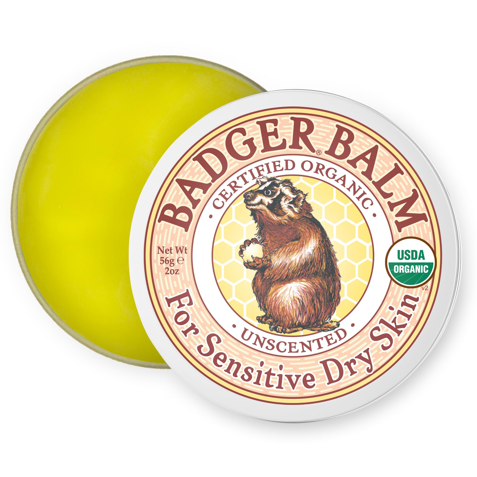 Badger front tin view showing organic olive oil balm protecting skin