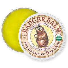 Badger front tin view showing organic olive oil balm protecting skin