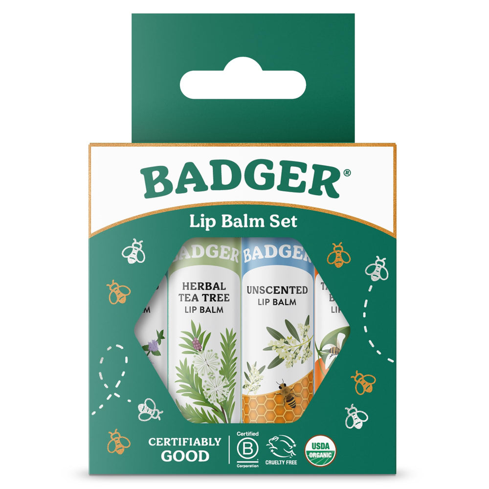 Badger open set with four lip balm sticks displayed for variety and convenience