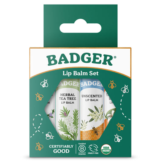 Badger open set with four lip balm sticks displayed for variety and convenience
