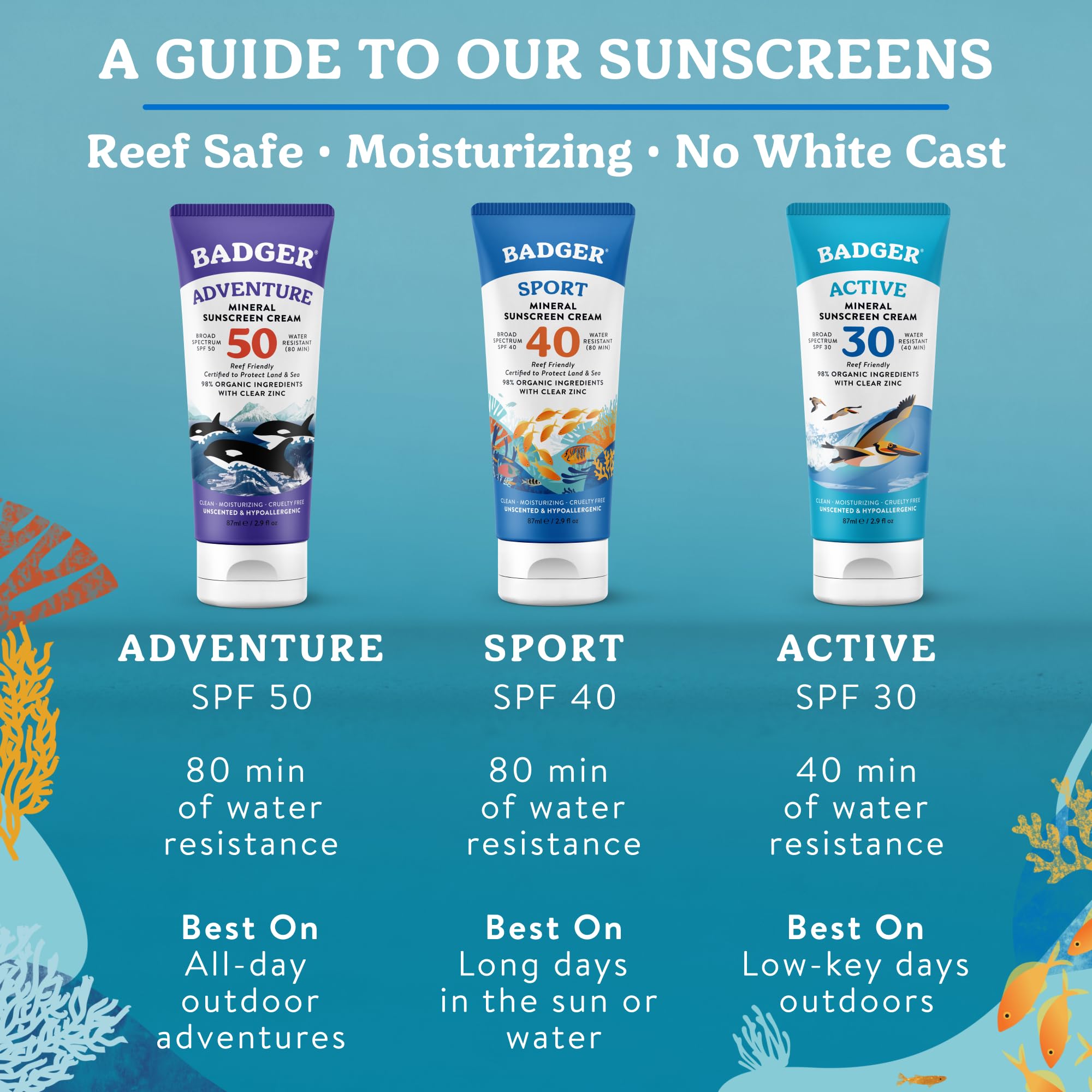 Badger label showing reef-safe claim and eco-conscious formulation