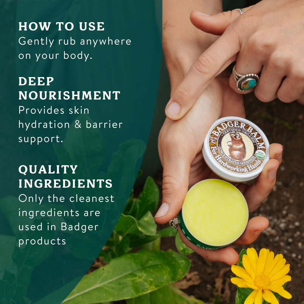 Badger tin in hand for scale showing 2 oz size and portability benefit