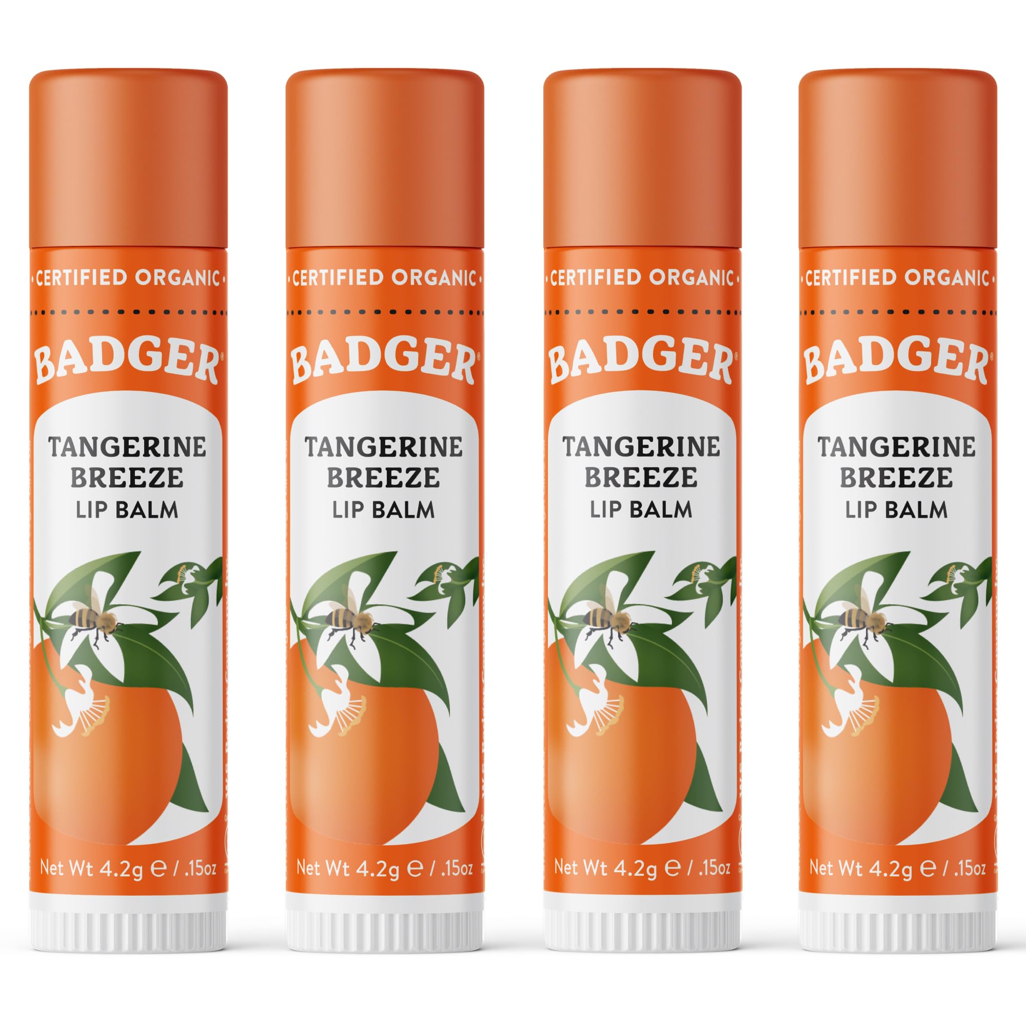 Badger front view of four-pack lip balms showing bright packaging and convenience