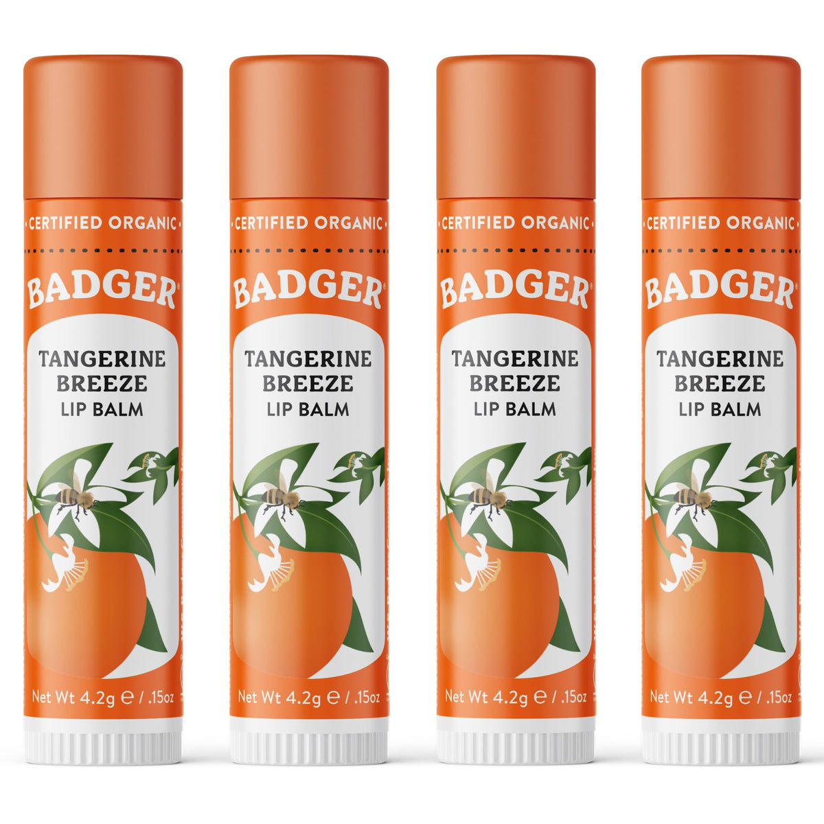 Badger front view of four-pack lip balms showing bright packaging and convenience