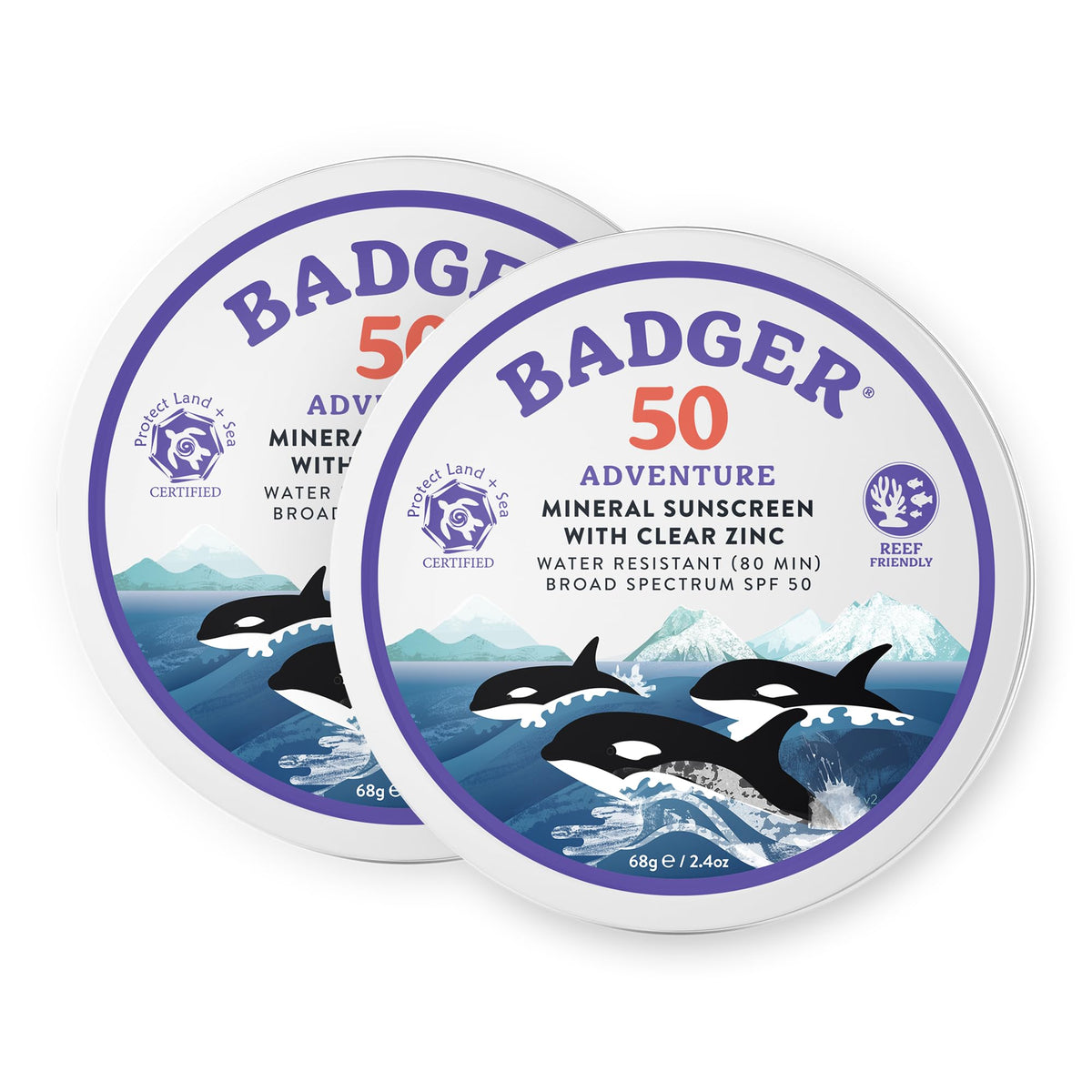 Badger tin front label showing SPF 50 and reef-safe benefit