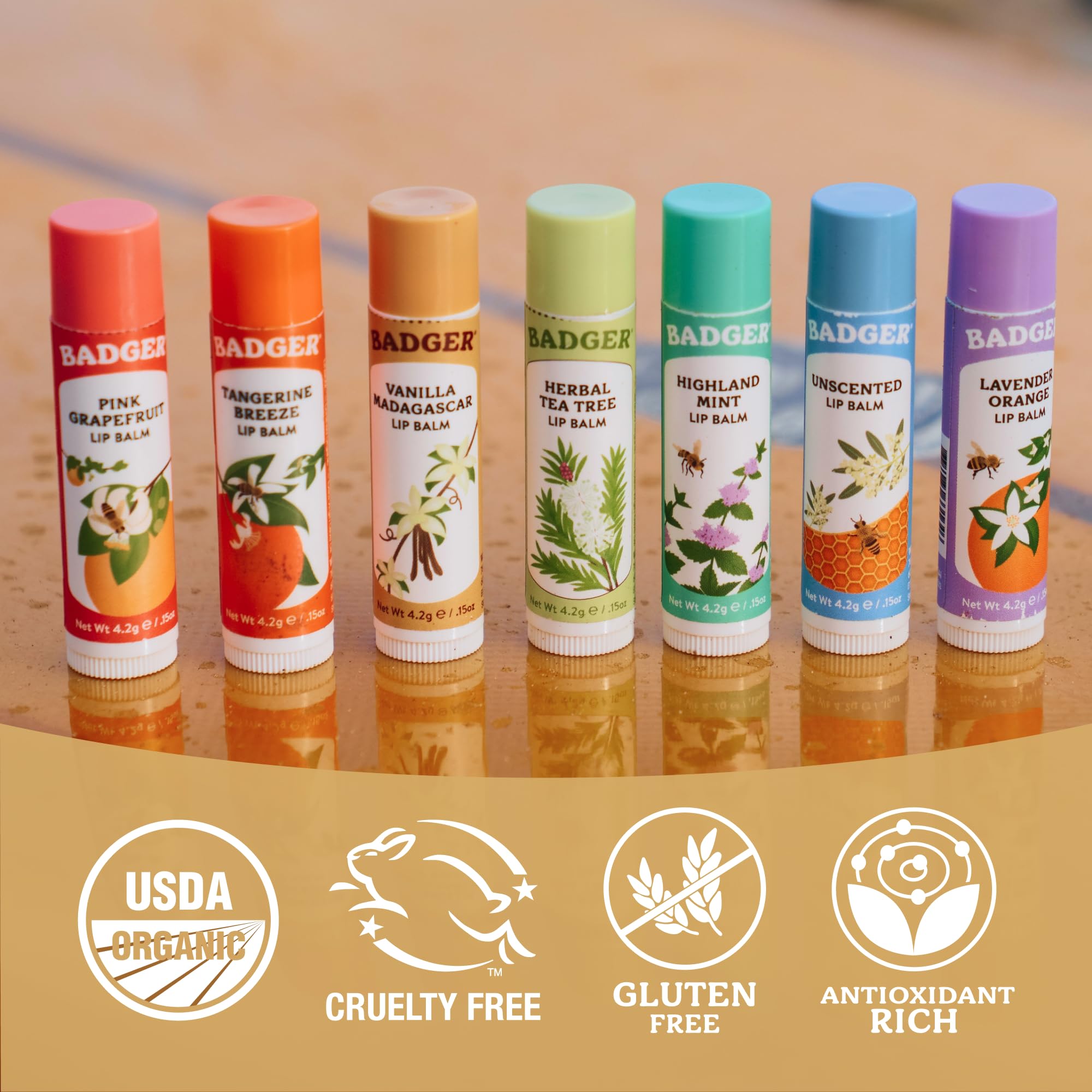 Badger arranged ingredients showing vanilla and beeswax for natural formula benefit