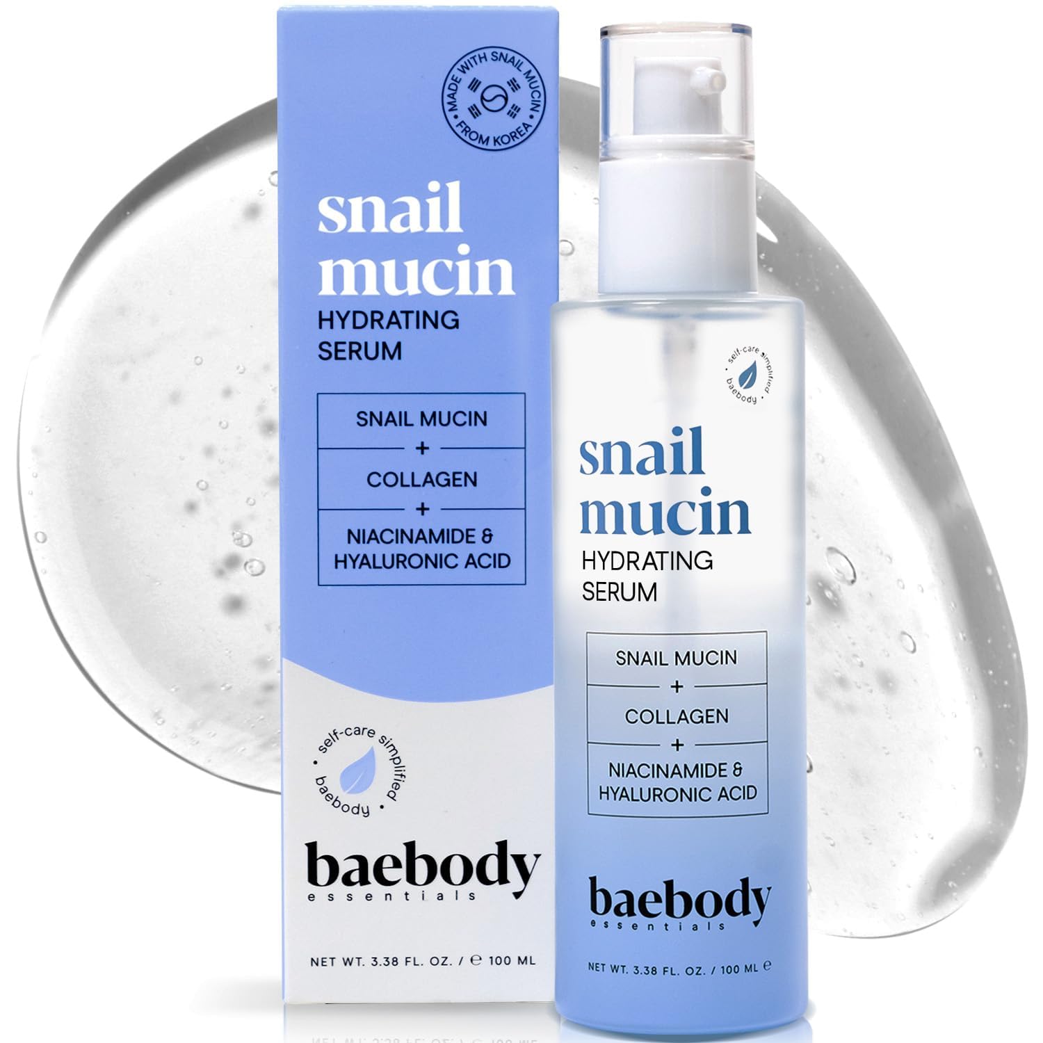 Baebody front bottle showing clean branding and hydrating serum benefits