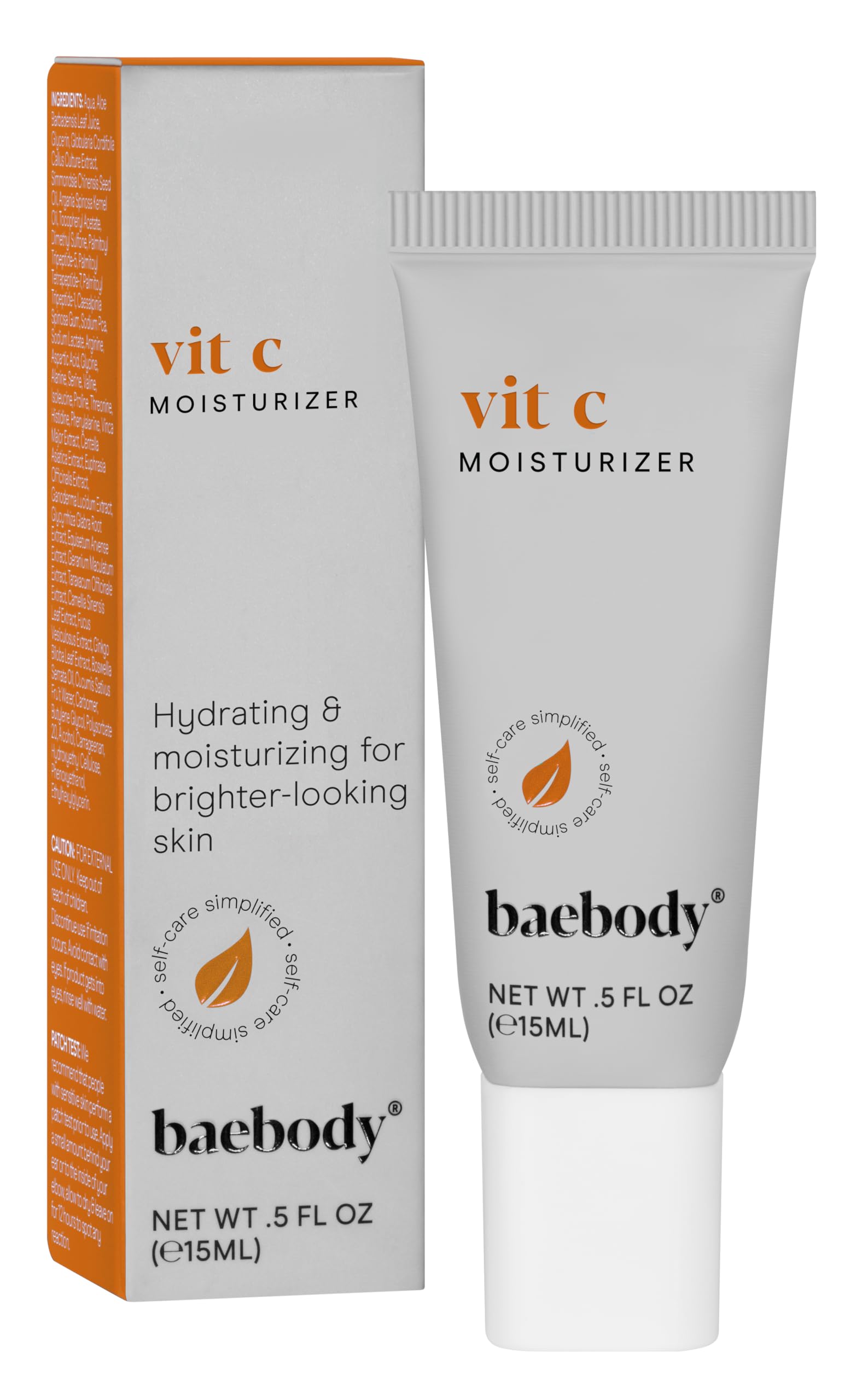 Baebody front packaging of vitamin C moisturizer shows compact travel jar and benefits