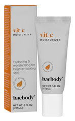 Baebody front packaging of vitamin C moisturizer shows compact travel jar and benefits
