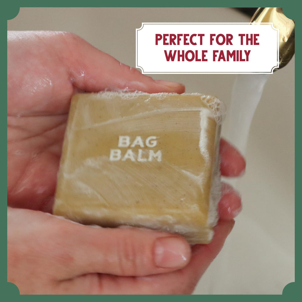 Bag Balm bar resting on soap dish showing easy storage and drainage