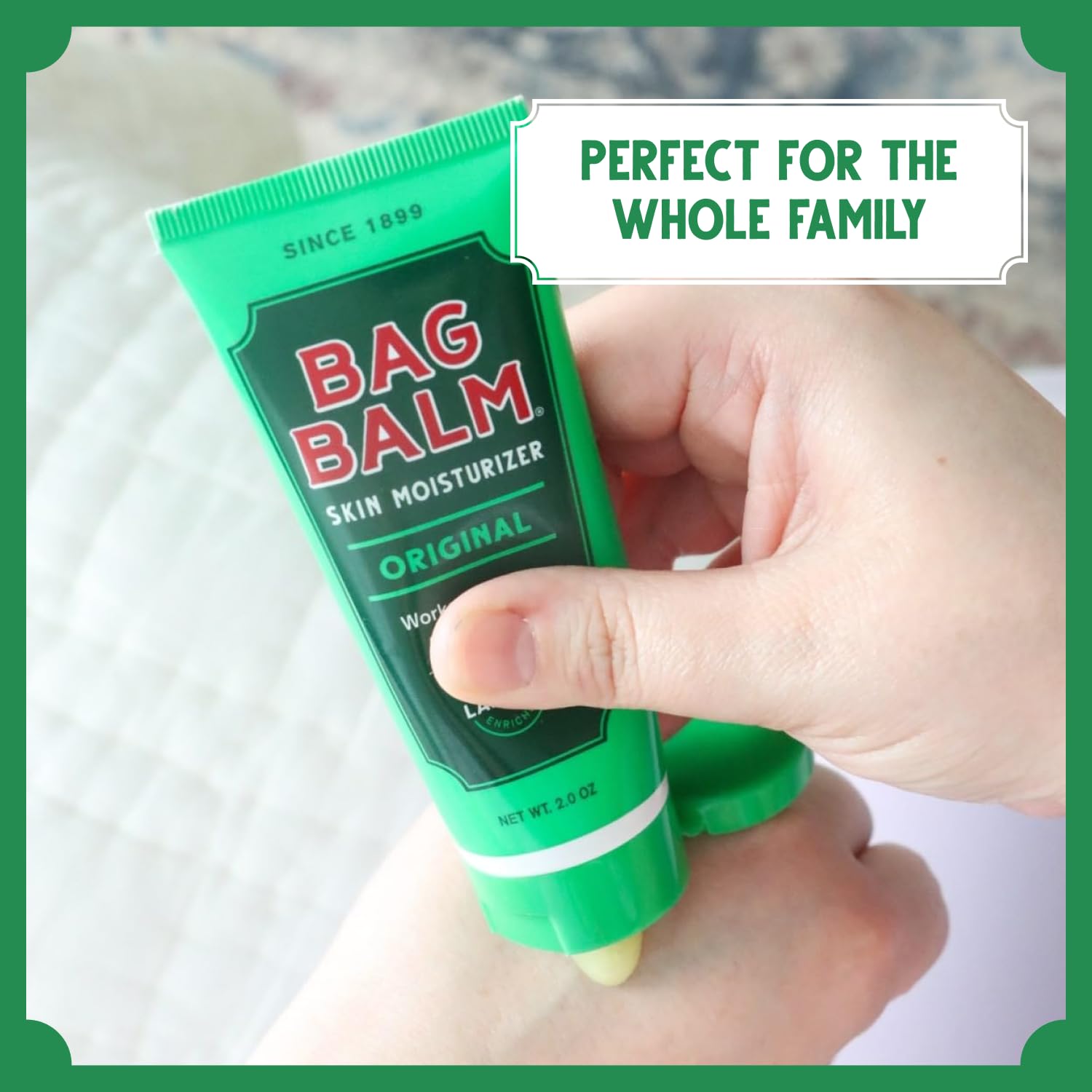 Bag Balm tubes on a bathroom counter in a lifestyle scene promoting daily use