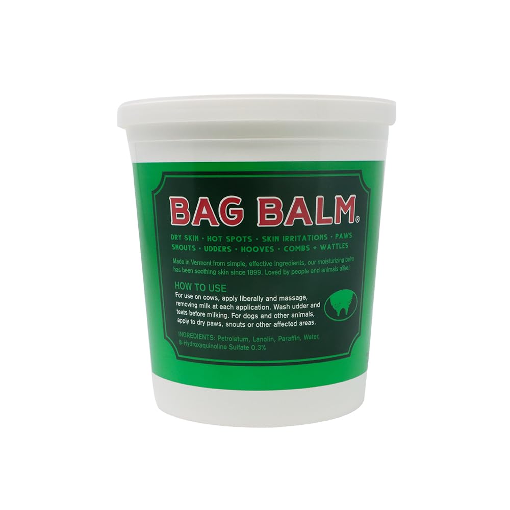 Bag Balm 72oz pail next to household items showing brand size and refill convenience