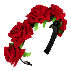 BAHABY red rose headband front view shows dramatic floral statement
