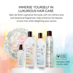 Label close-up of Bain de Terre showing paraben-free and color-safe benefits