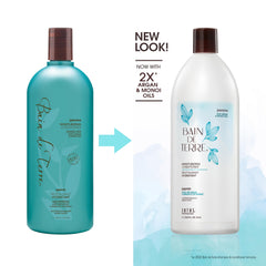 Bain de Terre pump and label detail highlighting product ingredients and ease