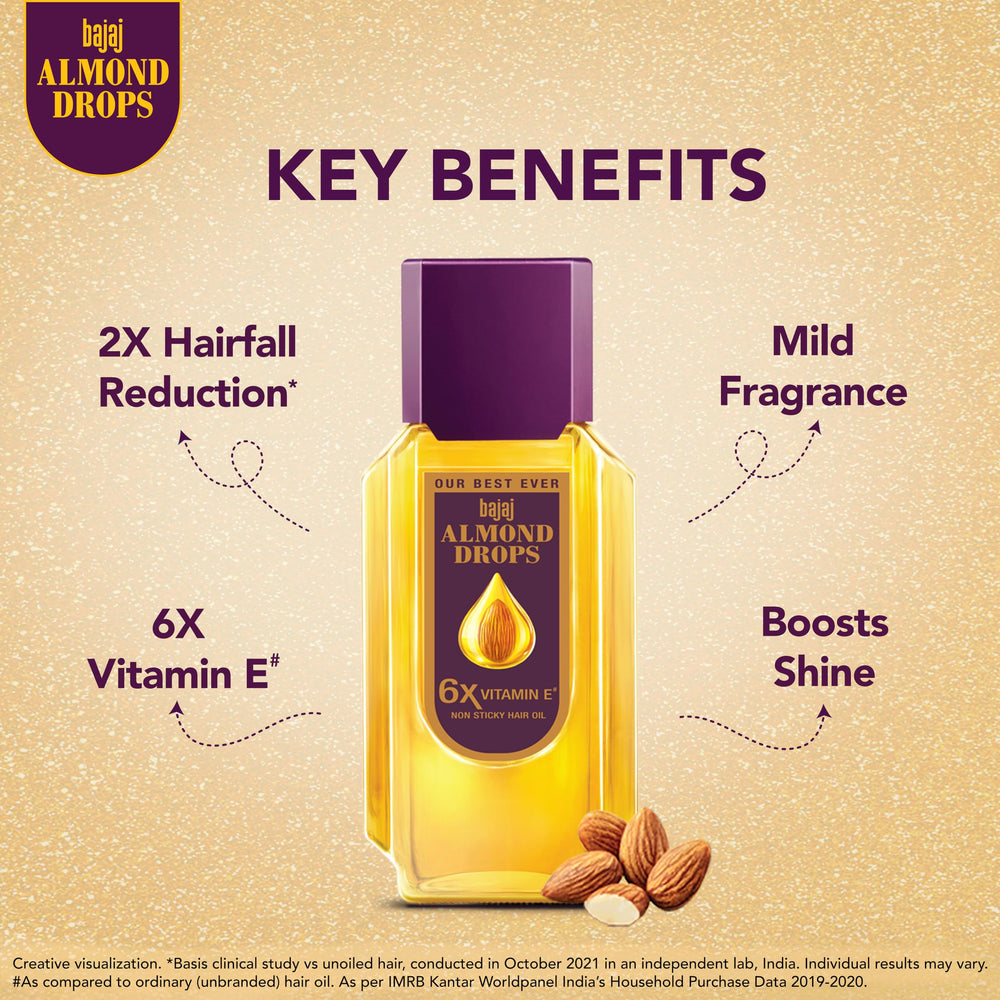 Ingredient label of Bajaj Almond Drops highlighting almond oil and 6X Vitamin E