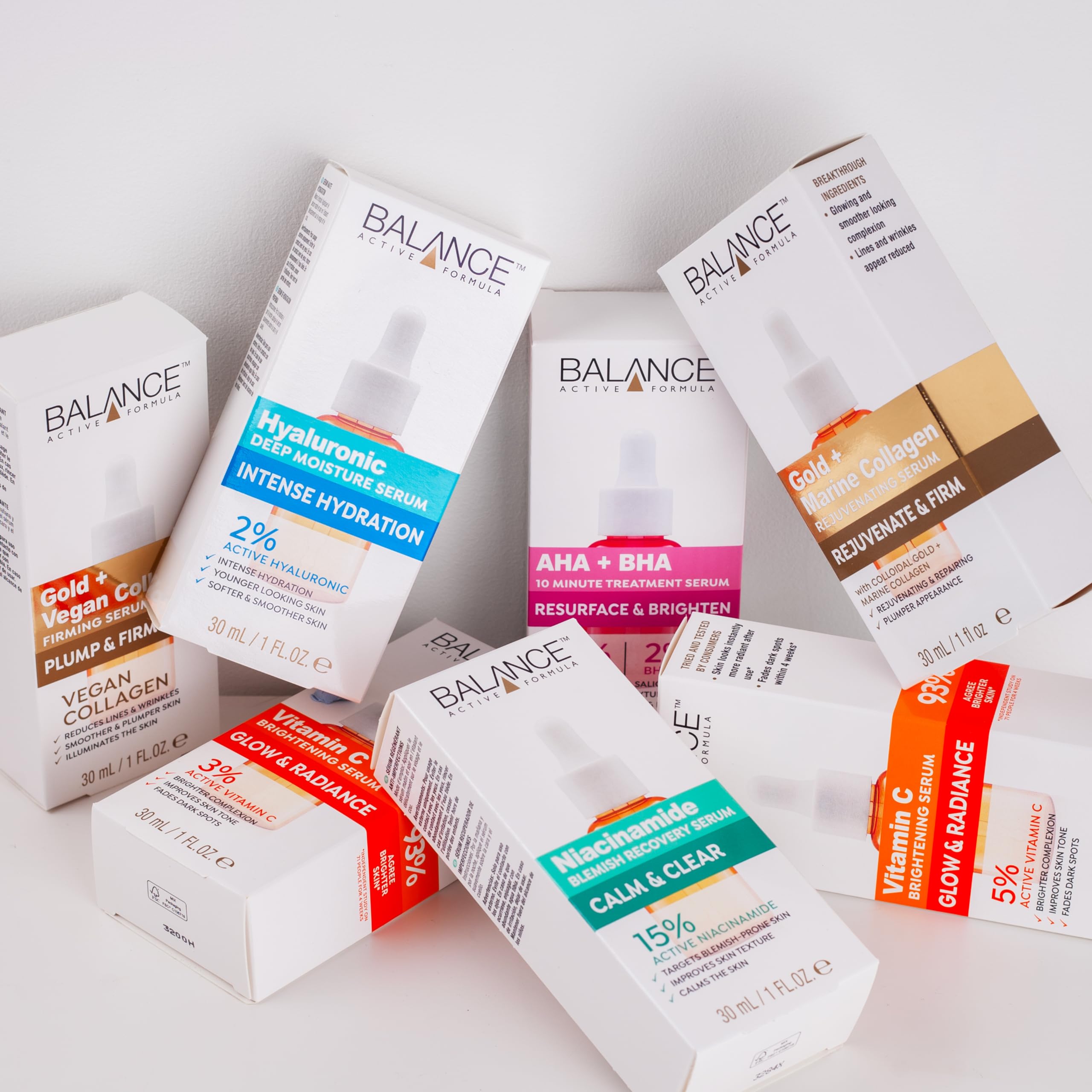 Balance Active Formula serum on bathroom shelf in lifestyle scene, suggests daily routine benefit