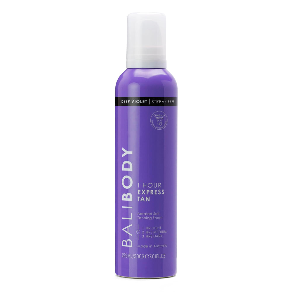 BALI BODY front packaging showing product and violet tint for quick tanning benefit