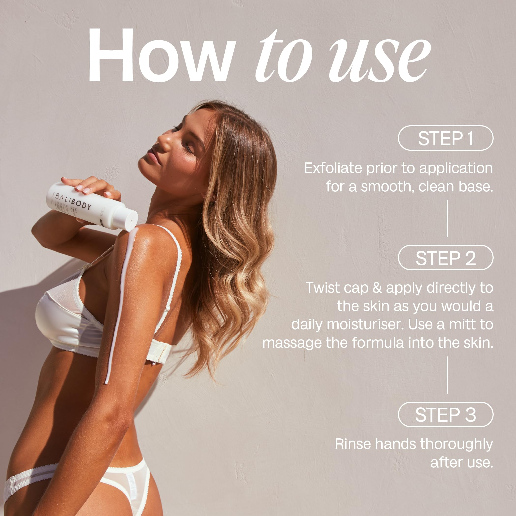 BALI BODY in a beach bag lifestyle shot evoking sun-kissed, healthy-looking skin benefit