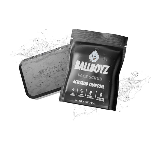 Ballboyz activated charcoal scrub close-up texture revealing deep-clean action